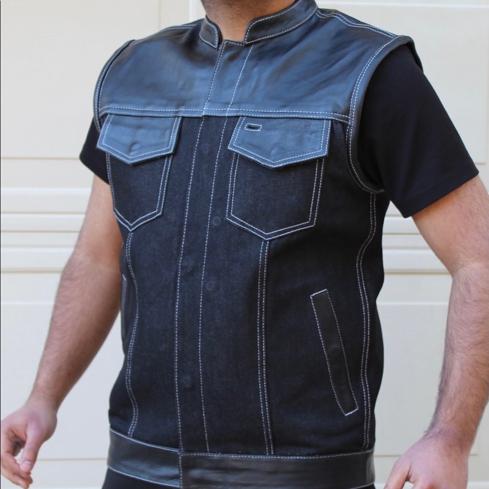Men’s Motorcycle Leather And Denim Concealed Carry Vest